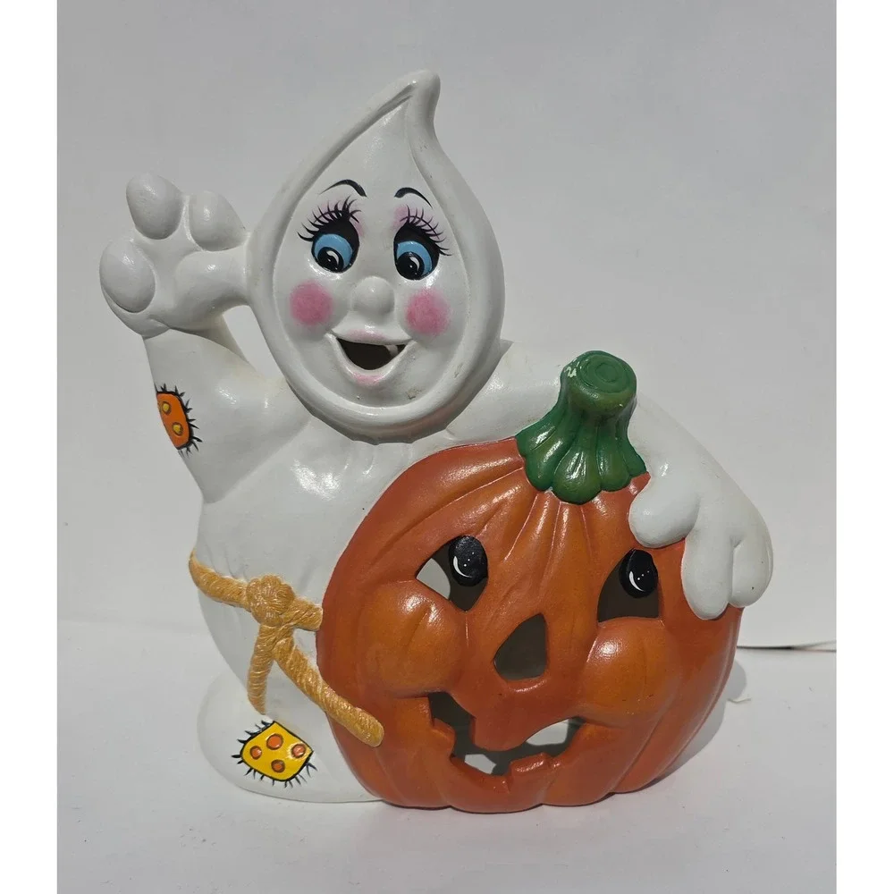 Vintage Ceramic Halloween Ghost with Pumpkin Jack-O-Lantern Figurine Decor⁷